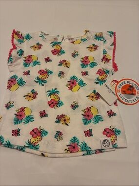 Free Planet White Short Sleeve Tee with Pink Trim and Tropical Print